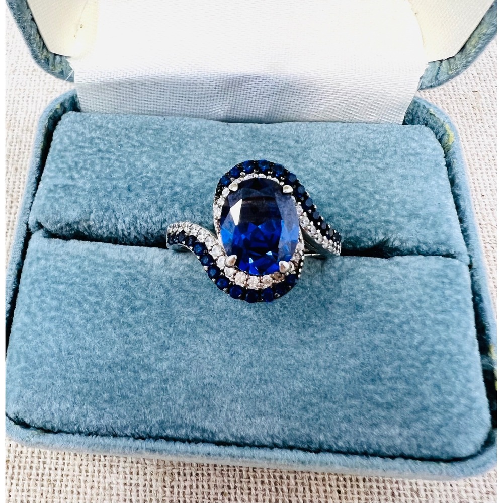 Donna Karan Sterling Silver Blue Oval Sapphire Bypass Halo Statement Ring Size 7